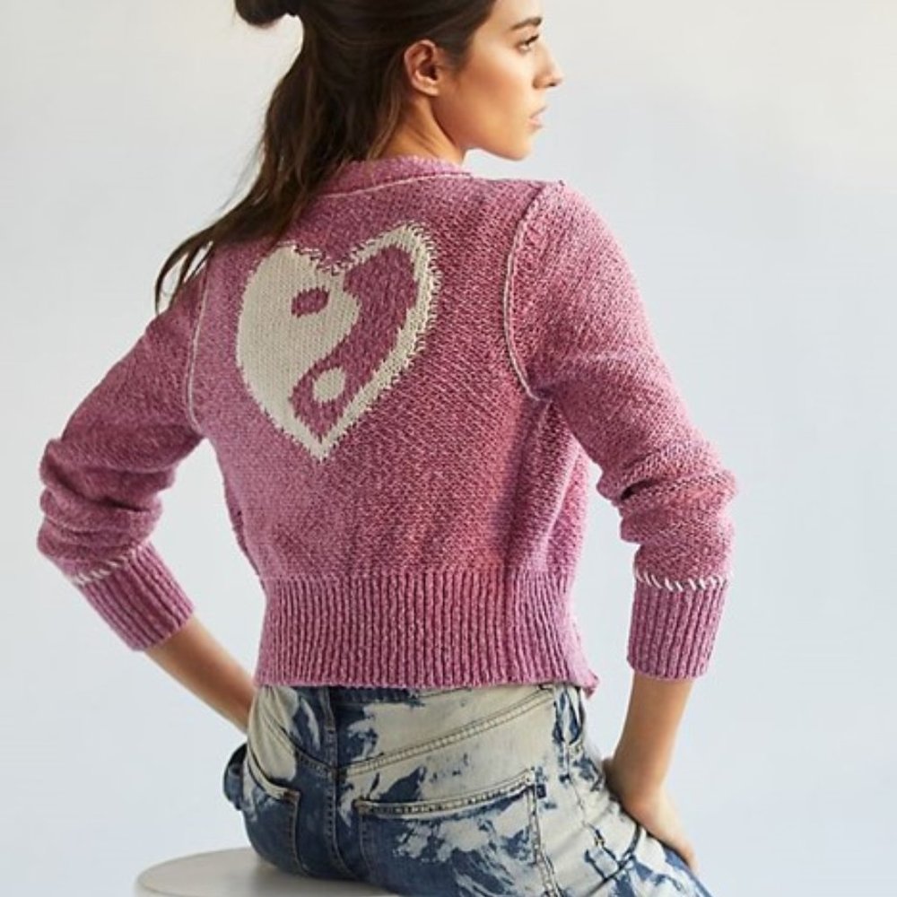 Anthropologie Pink Heart-Yin Cropped Knit Cardigan